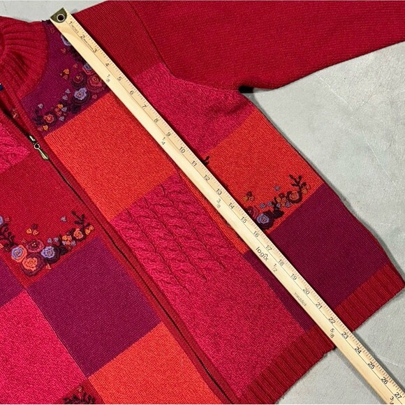 Vintage Tulchan Women's Large Zip Cardigan 100% Wool Red Floral Embroidered Fall - Picture 6 of 8